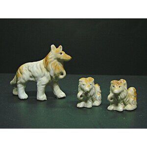 Collie Dog Family Mom 2 Pups Ceramic Porcelain Brown White Collectible Figurines